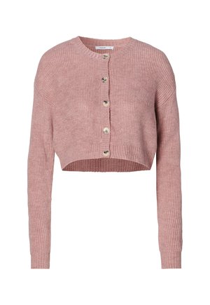 Rosa gepunktete Strickjacke mit langen Ärmeln, strukturiertem Rippstoff und fünf Vorderknöpfen. Runder Halsausschnitt und Rippdetails am Saum.