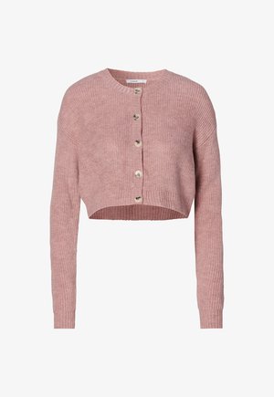 Rosa gepunktete Strickjacke mit langen Ärmeln, strukturiertem Rippstoff und fünf Vorderknöpfen. Runder Halsausschnitt und Rippdetails am Saum.