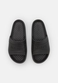 Black slide sandals made from rubber, featuring a textured diamond pattern on the footbed and embossed branding on the straps.