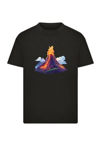 Black t-shirt featuring a colorful graphic of a volcano with orange lava, surrounded by mountains and clouds, on a smooth fabric material.