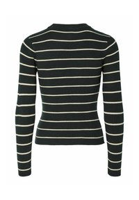 Tumši zaļš ribots džemperis ar garām piedurknēm, ar horizontālām baltām svītrām. Klasisks apaļš kakla izgriezums un pieguļoša siluets.