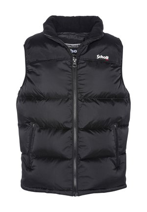 Chaleco acolchado negro con cremallera frontal, cuello alto y dos bolsillos laterales. Presenta secciones acolchadas y un logotipo en el pecho. Textura suave.