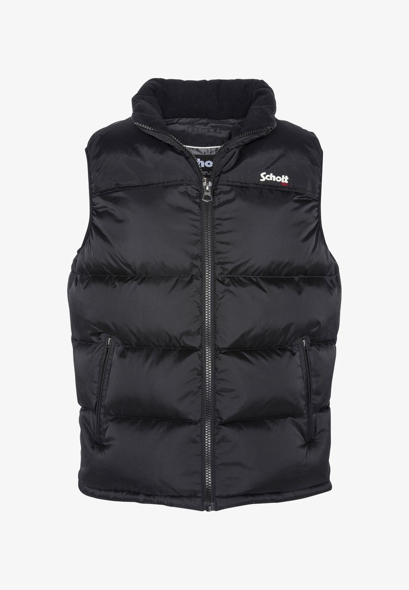 Schwarze Steppweste mit Reißverschluss vorne, hohem Kragen und zwei Seitentaschen. Verfügt über gesteppten Bereiche und ein Logo auf der Brust. Glatte Textur.