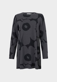 Long-sleeve tunic in dark gray jersey fabric, featuring a large black floral pattern. Round neckline and relaxed A-line silhouette.