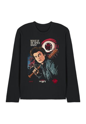 Young man holding spiked bat looks over shoulder with Demogorgon and red moon behind, text "What if he spies back?" from Stranger Things.