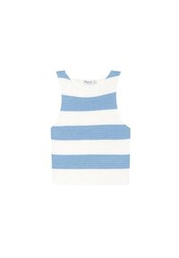 Sleeveless knitted top with wide horizontal stripes in light blue and white, featuring a round neckline and cropped fit.