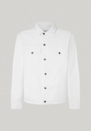 Witte denimjack met een kraag, lange mouwen, sluiting met knopen aan de voorkant en twee borstzakken met zwarte knopen. Soepele textuur.