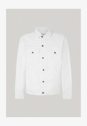 Veste en denim blanc avec un col, des manches longues, une fermeture à boutons sur le devant et deux poches poitrine avec des boutons noirs. Texture lisse.