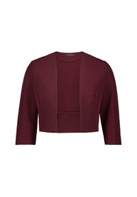 Bordeaux cropped jasje van gladde stof. Heeft een reverskraag en lange mouwen met een open voorkant. Eenvoudige en moderne stijl.