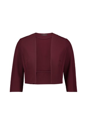 Burgundy cropped jacket made of smooth fabric. Features a lapel collar and long sleeves with an open front design. Simple and modern styling.