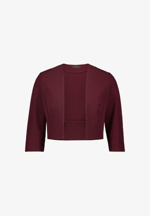 Bordeaux cropped jakke lavet af glat stof. Har en reverskrave og lange ærmer med et åbent frontdesign. Enkel og moderne stil.