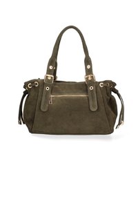 Olijf groene suède handtas met gouden hardware, dubbele handvatten bovenaan, een voorzak met rits en trekkoordaccenten aan de zijkanten.