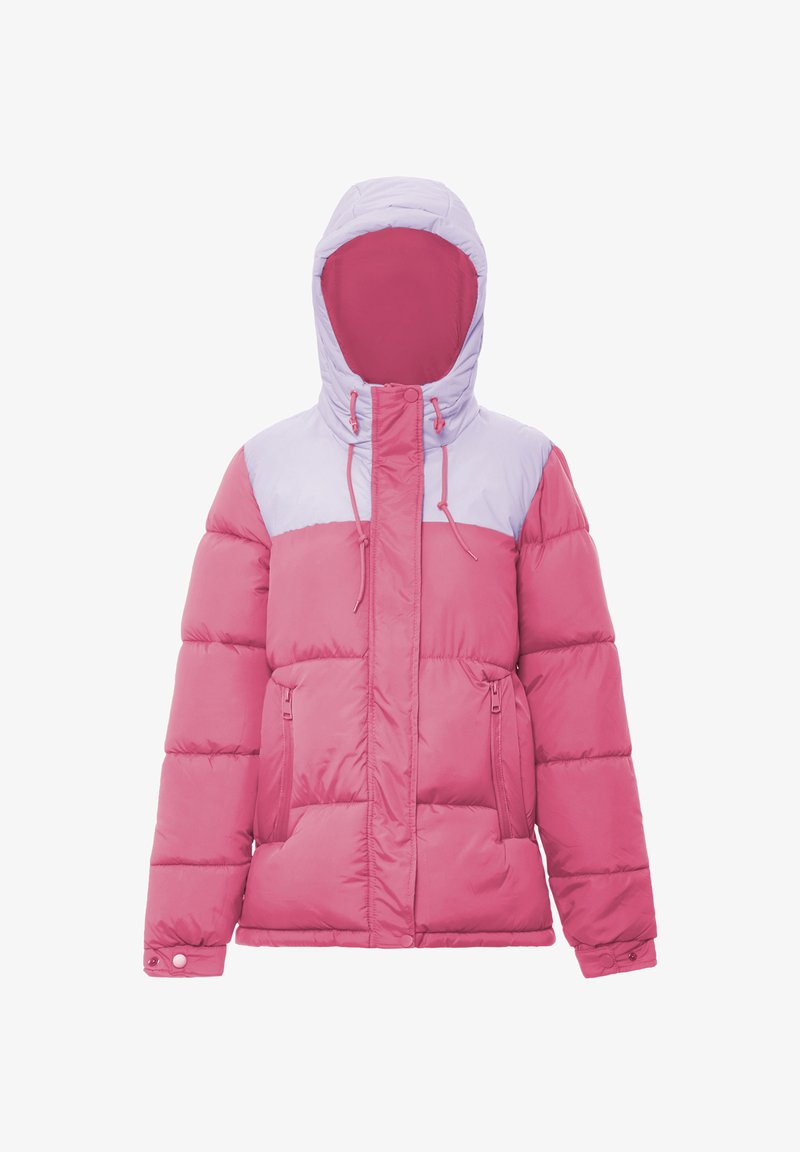 Rožinė ir purpurinė pūkinė striukė su užtrauktuku priekyje, dideliu kapišonu ir dviem užtrauktukais uždaromomis šoninėmis kišenėmis. Pamušalo tekstūra užtikrina šilumą.