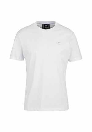 Witte katoenen t-shirt met een ronde hals, korte mouwen en een klein goudkleurig embleem op de linkerborst. Glad textuur, casual pasvorm.
