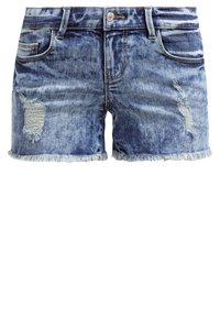 Shorts en denim bleu clair avec des détails déchirés. Comprend un ourlet effiloché, des poches avant et une fermeture à bouton. Design décontracté classique.