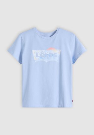 Light blue short-sleeve T-shirt made of cotton, featuring a white and pastel graphic with "Levi's," including a wave and sun design.