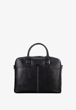 Black leather briefcase with rounded top, double handles, contrasting white stitching, and a subtle logo on the front. Zipper closure.