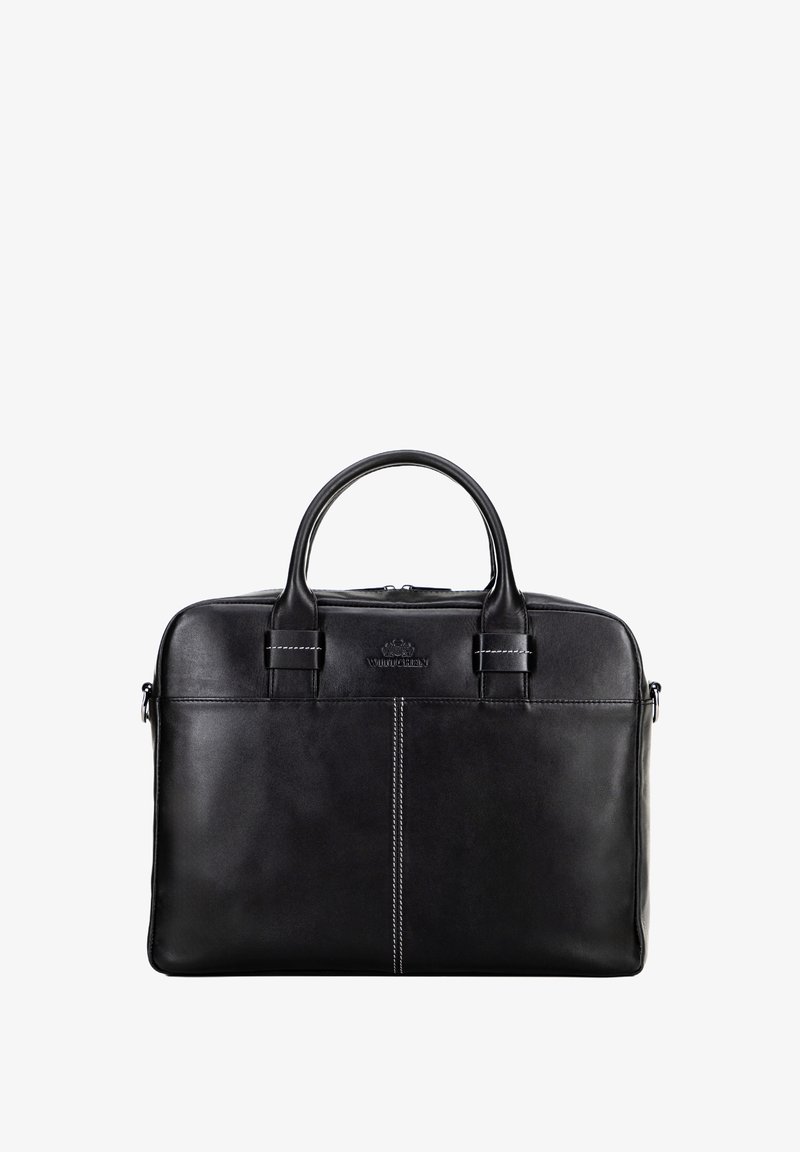 Schwarze Lederakte mit abgerundetem Oberteil, doppelten Griffen, kontrastierendem weißen Stitching und einem dezenten Logo auf der Vorderseite. Mit Reißverschluss.