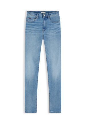 Light blue slim-fit jeans with five pockets, front button, and subtle whiskering details at the upper thigh area.