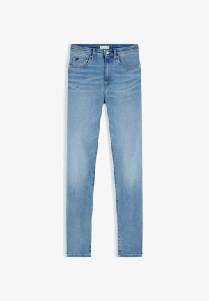 Light blue slim-fit jeans with five pockets, front button, and subtle whiskering details at the upper thigh area.