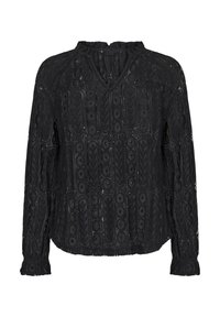 Black lace blouse featuring ornate embroidered patterns, V-neckline, long sleeves with gathered cuffs, and a textured, lightweight material.