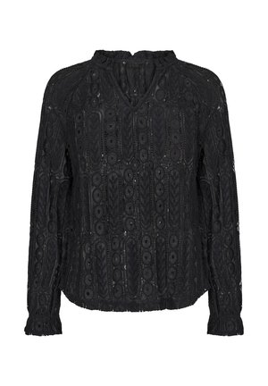 Blouse en dentelle noire avec des motifs brodés ornés, décolleté en V, manches longues avec des poignets froncés et un matériau texturé et léger.