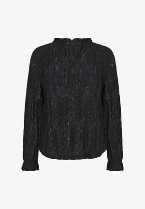 Zwarte kanten blouse met ornamentale borduurpatronen, V-hals, lange mouwen met geplooide manchetten en een gestructureerd, lichtgewicht materiaal.