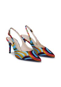 Décolleté colorate con cinturino, dalla punta affusolata, realizzate in satin con un motivo ondulato in rosso, blu, arancione e nero, e un sottile tacco a stiletto.