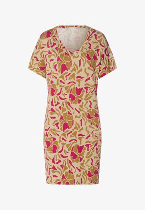 Kortærmet kjole i et blødt stof med beige baggrund og abstrakte blomster i lyserød og brun samt V-udskæring.