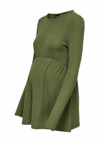 Top de maternidad de manga larga acanalado en verde oliva, con un corte holgado y una cintura fruncida para mayor comodidad. Tejido suave y elástico.
