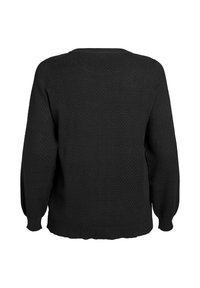 Schwarzer Strickpullover mit einem strukturierten, Wabenmuster, rundem Ausschnitt sowie gerippten Bündchen und Saum. Die Rückansicht zeigt die Designmerkmale.