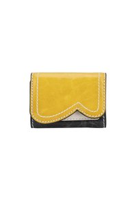 Kompakte Geldbörse mit einer gelben Lederfront und gewelltem Rand, schwarzem Leder-Rücken, kontrastierenden weißen Nähten und glatter Textur.