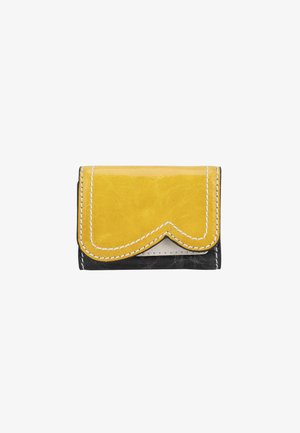 Compact wallet featuring a yellow leather front with scalloped edge, black leather back, contrasting white stitching, and smooth texture.