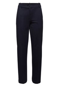 Námorní formální kalhoty s knoflíkovým zapínáním, rovný střih, hladký přední díl, páskové smyčky a hladká textilie.