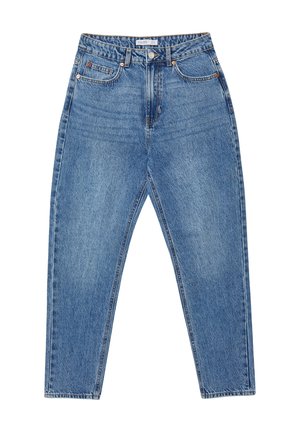 Jeans in denim azzurro chiaro con vita alta, design a gamba dritta, cinque tasche e cuciture visibili. Il tessuto appare leggermente consumato.