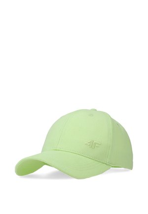 Jasnozielona czapka z daszkiem typu baseball z zakrzywionym daszkiem i wyszywanym logo "4F" na przednim lewym panelu, prezentowana na białym tle.