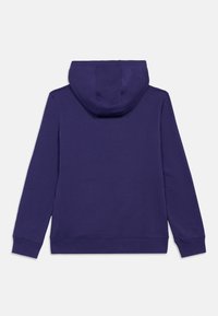 Mikina s kapucí v tmavě fialové barvě, vyrobená z měkkého materiálu. Obsahuje klokaní kapsu a žebrované manžety a lem, s elegantním designem.