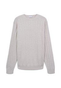 Maglione lavorato a maglia beige chiaro con texture a costine, scollatura rotonda e maniche lunghe. Design semplice senza ulteriori motivi o accenti.