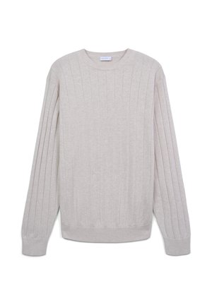 Maglione lavorato a maglia beige chiaro con texture a costine, scollatura rotonda e maniche lunghe. Design semplice senza ulteriori motivi o accenti.