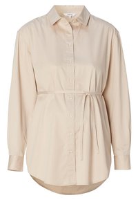Beige Hemd mit Knöpfen, das einen Kragen, lange Ärmel und eine gebundene Taille hat. Aus glattem Stoff mit einem leicht geschwungenen Saum gefertigt.