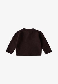 Dunkelbrauner gestrickter Pullover, lange Ärmel, Rundhalsausschnitt, strukturierte Oberfläche mit lockerer Passform und geripptem Saum, geeignet für das Schichten.