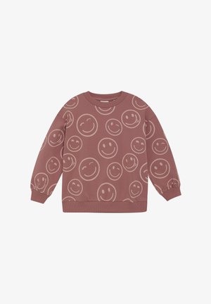 Rosa sweatshirt med rundade leende ansikten, ribbade ärmslut och nederdel. Tillverkad av ett mjukt, texturerat tyg. Rund halsdesign.