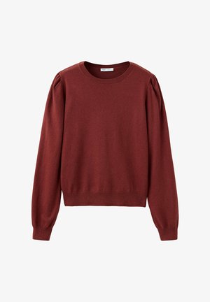 Pull à manches longues rouge foncé avec col rond et légères fronces aux épaules, présenté à plat sur fond blanc.