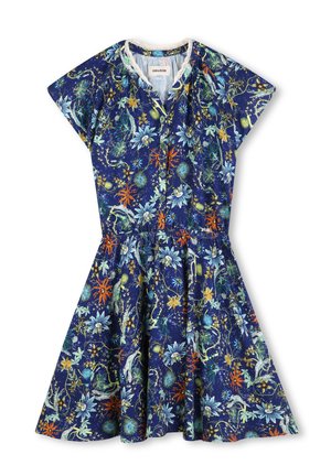 Robe bleue à fleurs avec manches courtes, boutonnage sur le devant, taille élastique et jupe évasée ornée de divers motifs botaniques.