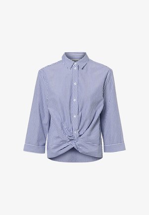 Blau-weiß gestreiftes Hemd mit Knöpfen, drei Viertel Ärmel und Knoten-Detail vorne an der Taille.