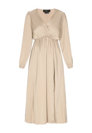 Rochie bej cu mâneci lungi dintr-un material neted; are decolteu în V, talie strânsă și siluetă fluidă cu fustă ușor evazată.