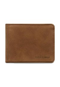 Brown leather wallet with a smooth texture, rectangular shape, rounded corners, and embossed "VUCH" logo in the lower right.