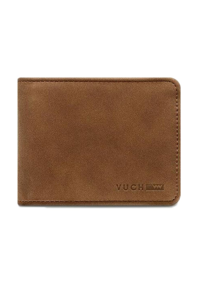 Brown leather wallet with a smooth texture, rectangular shape, rounded corners, and embossed "VUCH" logo in the lower right.