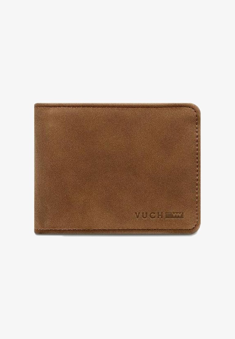 Brown leather wallet with a smooth texture, rectangular shape, rounded corners, and embossed "VUCH" logo in the lower right.