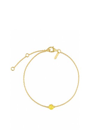 Feines goldenes Kettenarmband mit einer kleinen gelben Perle als Mittelpunkt und einem Karabinerverschluss mit verstellbarem Verlängerungskettchen.